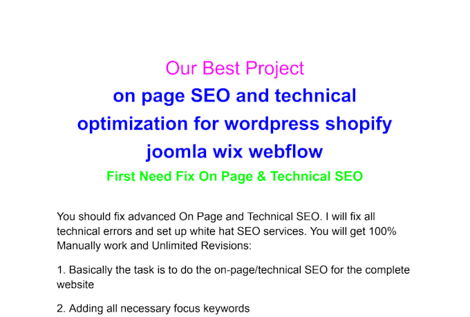on page SEO and technical optimization for wordpress shopify joomla wix webflow